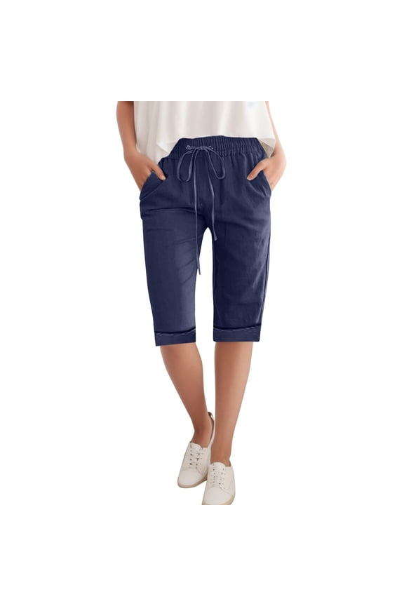 Women Pants Casual Solid Color Straight Leg Drawstring Linen Knee Length Pants With Pockets Ladies Comfortable Breathable Soft Daily Trousers,Blue,L