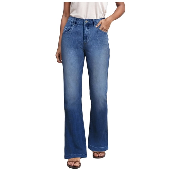 LIIPEE Women Pants Casual Straight Wide Leg Ankle Solid Color Length Denim Pants With Pockets Ladies Fashion Loose Fit Jeans Comfortable Breathable Soft Daily Trousers,Blue,L