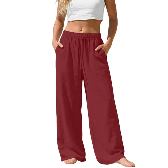 LIIPEE Women Plus Size Pants Casual Summer Linen Solid Color Elastic Drawstring Waist Pants With Pockets Ladies Loose Fit Wide Leg Pants Soft Breathable Comfortable Daily Trousers,,XXXXXL
