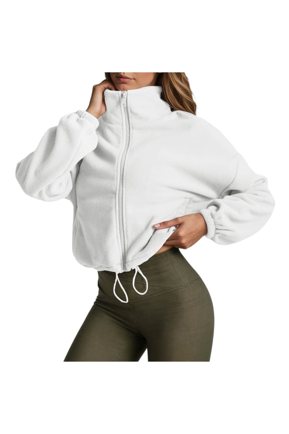 Women Plush Jacket Warm Solid Color Long Sleeve Turtleneck Zip Up Fuzzy Coat With Pockets Woman Handsome Birthday Wedding Weekend Jackets,White,M