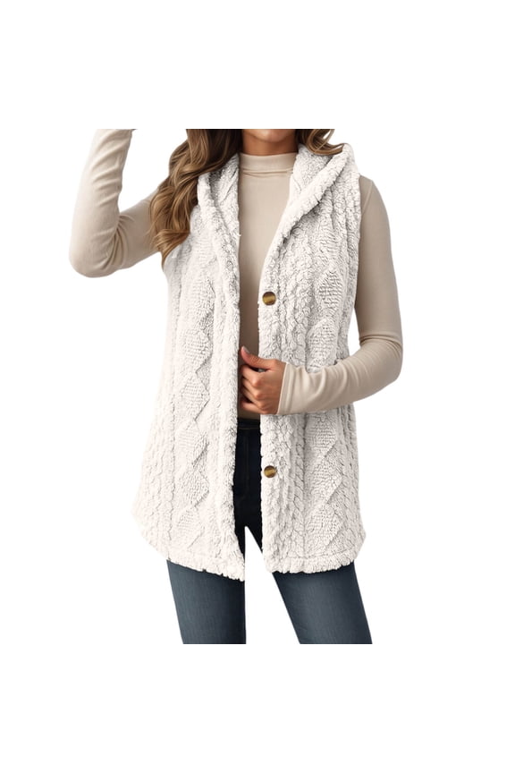 Women Plush Jacket Warm Solid Color Sleeveless Hooded Button Cardigan Fuzzy Vest Coat Woman Breathable Birthday Wedding Weekend Jackets,White,M