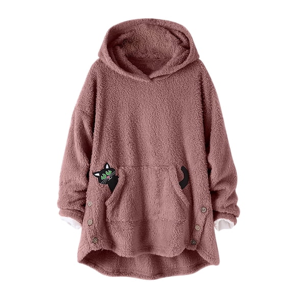 LIIPEE Women Plush Shirt Plus Size Thicken Cartoon Animal Embroidery Long Sleeve Hooded Fuzzy Pullover Tops With Pocket Woman Casual Holiday School Vacation Plush Shirt,Watermelon Red,S