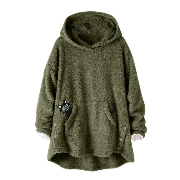 LIIPEE Women Plush Shirt Plus Size Thicken Cartoon Animal Embroidery Long Sleeve Hooded Fuzzy Pullover Tops With Pocket Woman Handsome Birthday Wedding Weekend Plush Shirt,Army Green,L