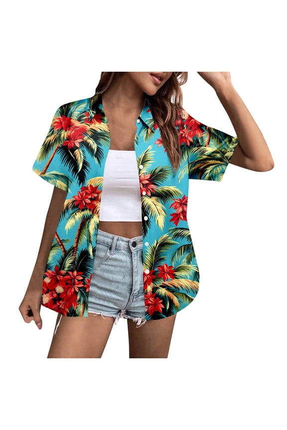 Women Shirts Casual Ladies Loose Fit Blouse Summer Short Sleeve Colorful Printed Lapel Tops Fashionable Comfortable Breathable Soft Daily Clothing,Multicolour,M