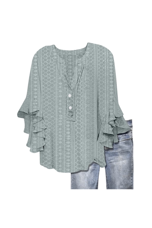 Women Shirts Casual Loose Fit Flowy Buttons Blouses Spring Summer Fall Stylish Ruffle Three Quarter Sleeve Floral Printed V-Neck Tops Comfortable Soft Breathable Daily Clothing,Light Green,L