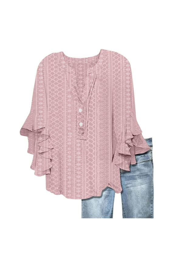 Women Shirts Casual Loose Fit Flowy Buttons Blouses Spring Summer Fall Stylish Ruffle Three Quarter Sleeve Floral Printed V-Neck Tops Comfortable Soft Breathable Daily Clothing,Pink,XL