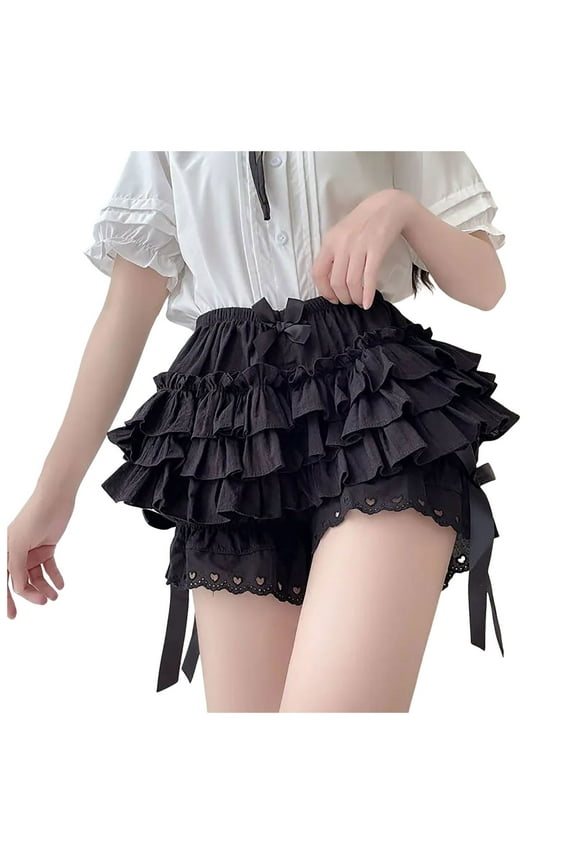 Women Shorts Casual Fashion Solid Color Elastic High Waist Sexy Mini Shorts Ladies Layered Ruffle Hem Cake Skorts Comfortable Daily Breathable Soft Shorts,Black,L