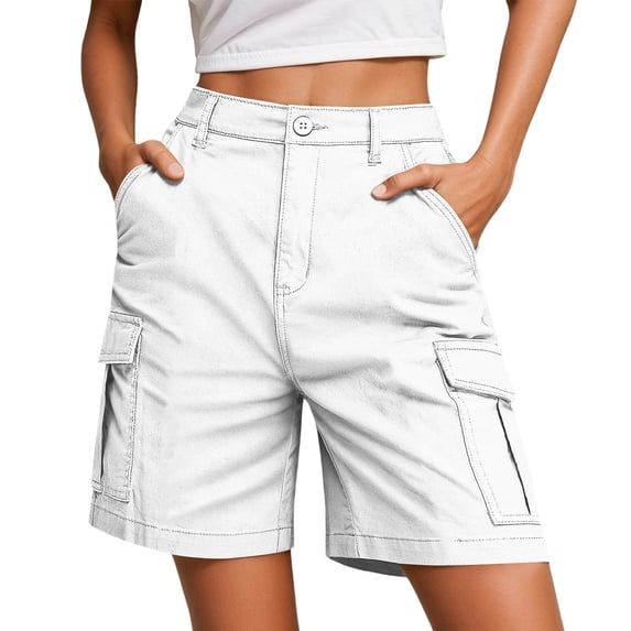 LIIPEE Women Shorts Casual Loose Fit High Waist Solid Color Cargo Shorts With Pockets Summer Activities Relaxed Lightweight Comfortable Soft Breathable Daily Shorts,White,XL