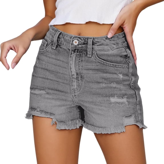 LIIPEE Women Shorts Casual Solid Color Dressy Ripped High Waist Stretch Mini Denim Shorts With Pockets Ladies Summer Comfortable Breathable Soft Hot Shorts,Grey,XXL