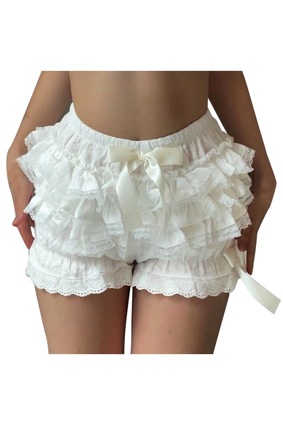 Women Shorts Casual Solid Color Elastic Waist Ruffle Lace Trim Pumpkin Shorts Ladies Sexy Layered Fashion Bottoms Comfortable Breathable Soft Daily Shorts,White,S