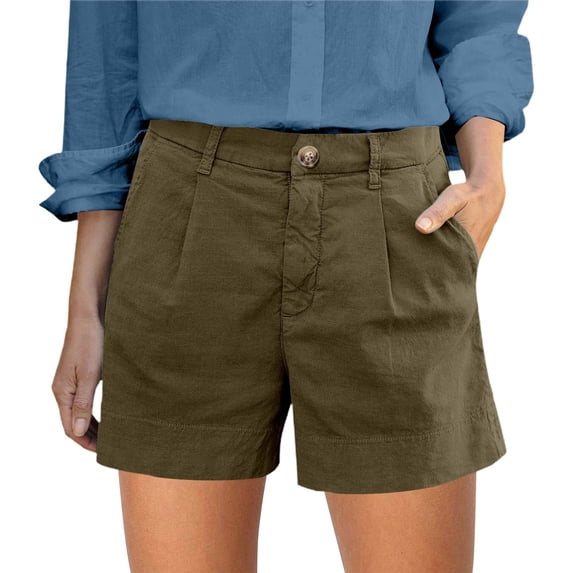 LIIPEE Women Shorts Casual Summer Solid Color Linen Buttons Loose Fit Elastic Waist Shorts With Pockets Ladies Comfortable Breathable Soft Daily Shorts,Coffee,M