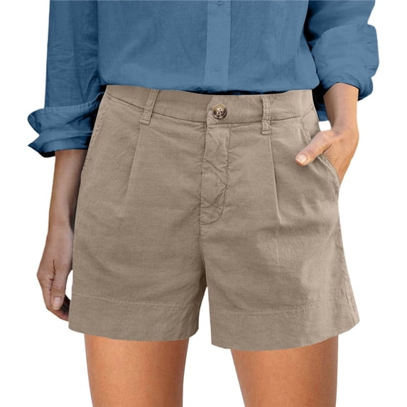 LIIPEE Women Shorts Casual Summer Solid Color Linen Buttons Loose Fit Elastic Waist Shorts With Pockets Ladies Comfortable Breathable Soft Daily Shorts,Khaki,XXL