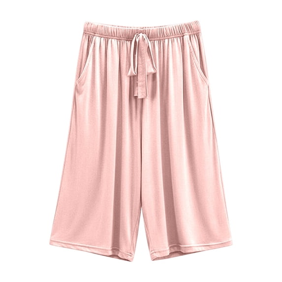 LIIPEE Women Shorts Summer Casual Solid Color Elastic Waist Loose Fit Wide Leg Knee Length Shorts Ladies Comfortable Breathable Soft Daily Shorts,Pink,XL