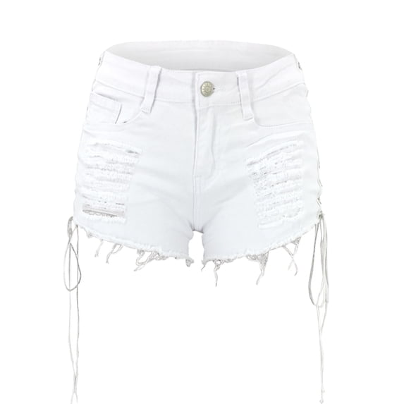 LIIPEE Women Shorts Summer Casual Solid Color Low Waist Hole Side Hollow Out Mini Denim Shorts Ladies Fashion Sexy Bandage Hot Bottoms Comfortable Breathable Soft Daily Shorts,White,L