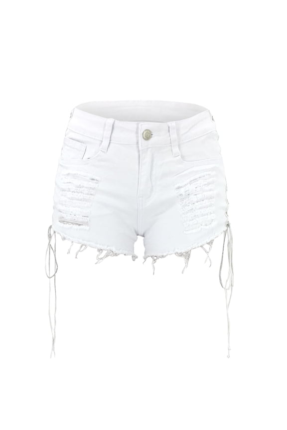 Women Shorts Summer Casual Solid Color Low Waist Hole Side Hollow Out Mini Denim Shorts Ladies Fashion Sexy Bandage Hot Bottoms Comfortable Breathable Soft Daily Shorts,White,M