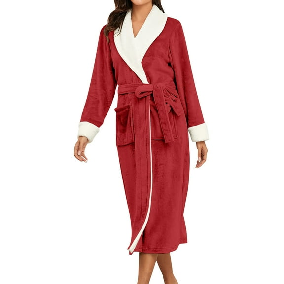 LIIPEE Women Sleepwear Fall/winter V-Neck Solid Color Flannel Long Nightgown Cozy Pajamas