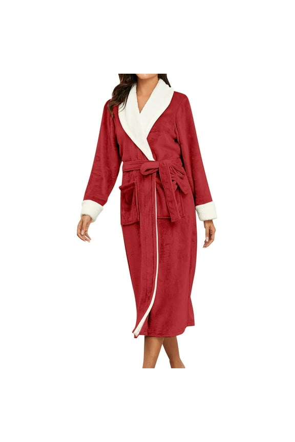 Women Sleepwear Fall/winter V-Neck Solid Color Flannel Long Nightgown Cozy Pajamas