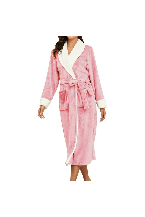 Women Sleepwear Fall/winter V-Neck Solid Color Flannel Long Nightgown Versatile Pajamas