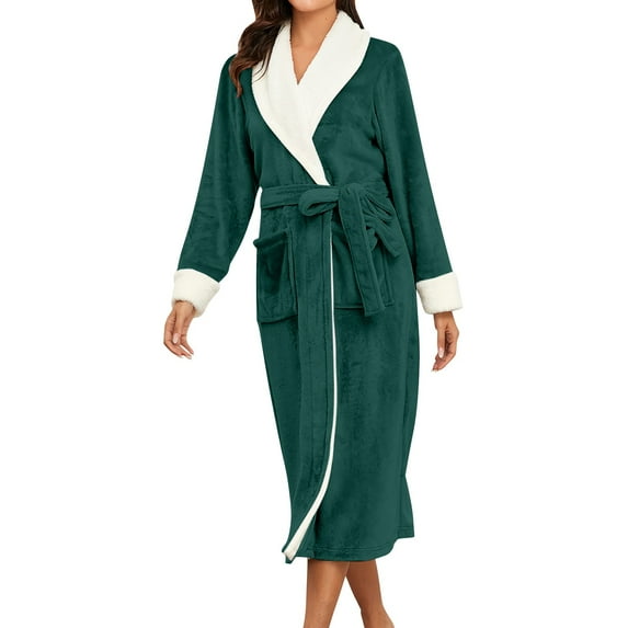 LIIPEE Women Sleepwear Fall/winter V-Neck Solid Color Flannel Long Nightgown Versatile Pajamas
