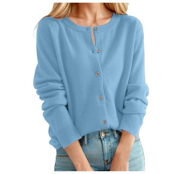LIIPEE Women Sweater Solid Color Long Sleeve Round Neck Button Knit Cardigan Sweater Woman Versatile Birthday Wedding Weekend Sweater,Sky Blue,L