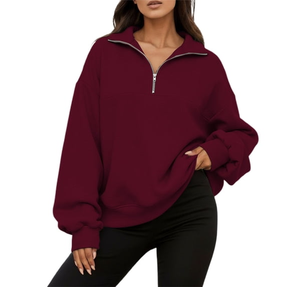 LIIPEE Women Sweatshirts Casual Zipper Long Sleeve Solid Color Lapel Sweatshirt Ladies Fashion Loose Fit Hoodless Sports Tops Autumn Winter Comfortable Breathable Soft Daily Pullover,,S