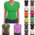 thumbnail image 1 of LIIPEE Women T Shirts Summer Casual Solid Color Short Sleeve V Neck Fashion T Shirt Ladies Versatile Slim Fit Comfortable Breathable Soft Daily Basic Tee Tops,S, 1 of 4
