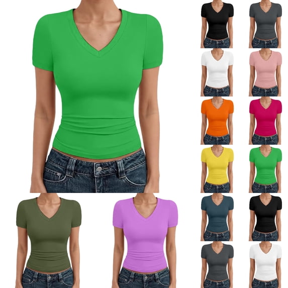LIIPEE Women T Shirts Summer Casual Solid Color Short Sleeve V Neck Fashion T Shirt Ladies Versatile Slim Fit Comfortable Breathable Soft Daily Basic Tee Tops,S
