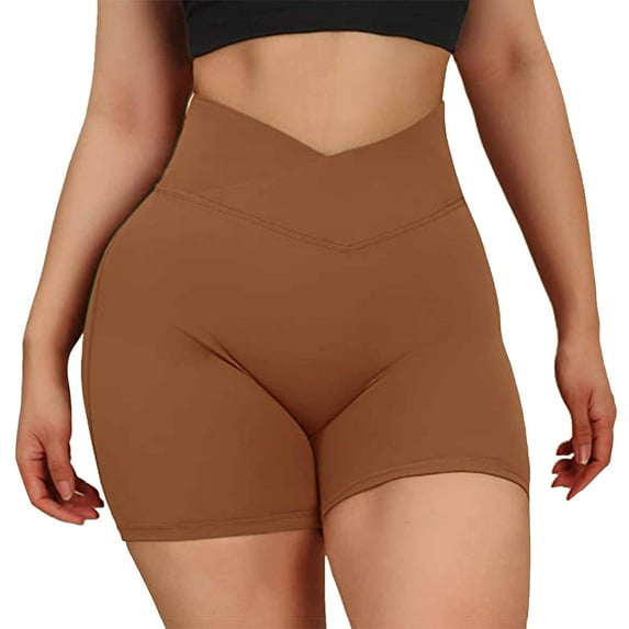 LIIPEE Women Yoga Shorts Solid Color Elastic High Waist Slim Fit Leggings Shorts With Pockets Female Leisure Fitness Daily Wear Shorts,Brown,M