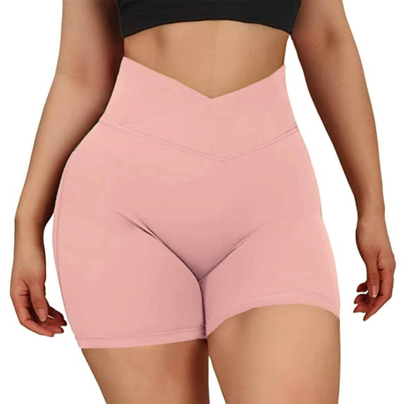 LIIPEE Women Yoga Shorts Solid Color Elastic High Waist Slim Fit Leggings Shorts With Pockets Female Stylish Shopping Outdoor Shorts,Pink,M