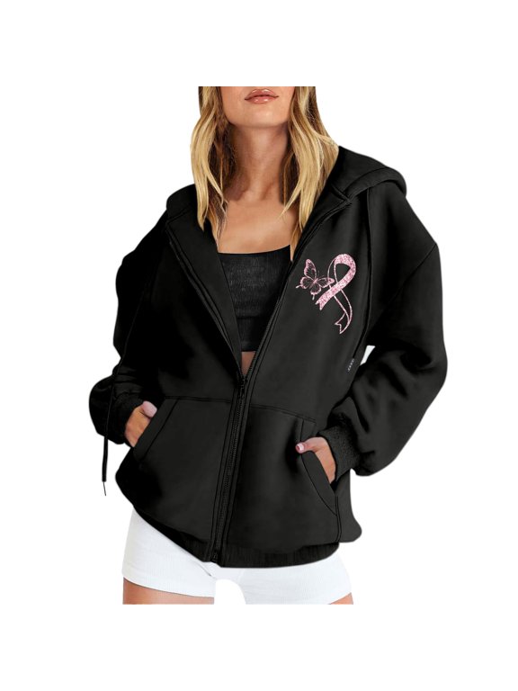 Womens Casual Long Sleeve Zip Up Hoodie Cancer Awareness Month Print Hooded Sweatshirt Fall Jacket With Pockets