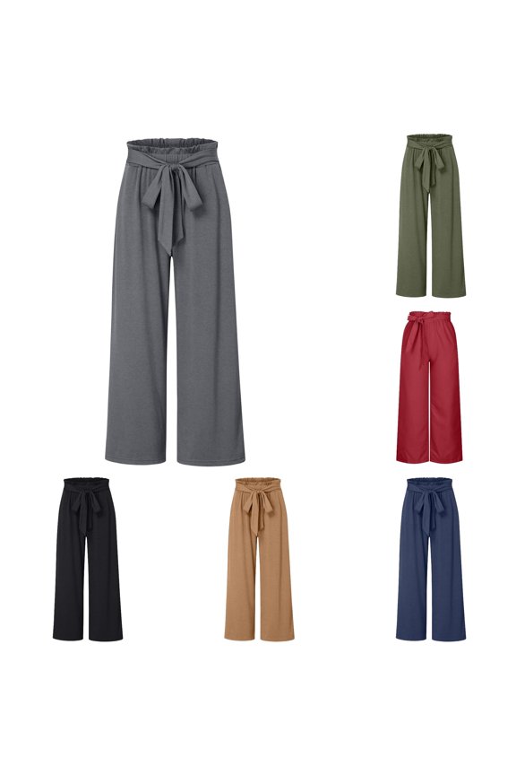 Womens Casual Palazzo Pants Solid Color Drawstring Waist Baggy Wide Leg Pants With Pockets Ladies Breathable Everyday Trousers,S