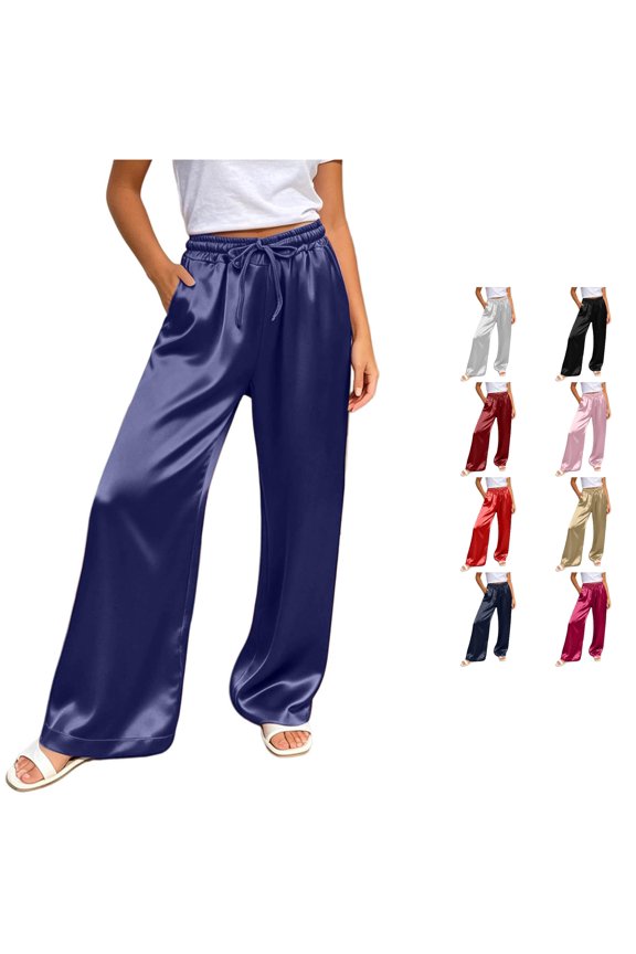 Womens Casual Palazzo Pants Solid Color Drawstring Waist Baggy Wide Leg Pants With Pockets Ladies Everyday Versatile Trousers,S
