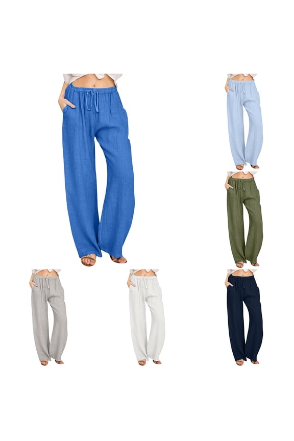 Womens Casual Palazzo Pants Solid Color Drawstring Waist Baggy Wide Leg Pants With Pockets Ladies Lightweight Everyday Trousers,S