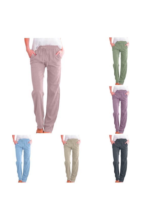 Womens Casual Pants Solid Color Drawstring Waist Loose Straight Leg Pants With Pockets Ladies Breathable Everyday Trousers,M