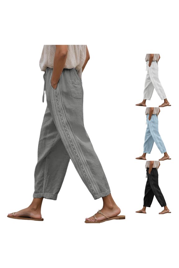 Womens Casual Pants Solid Color Drawstring Waist Loose Straight Leg Pants With Pockets Ladies Breathable Everyday Trousers,XXL