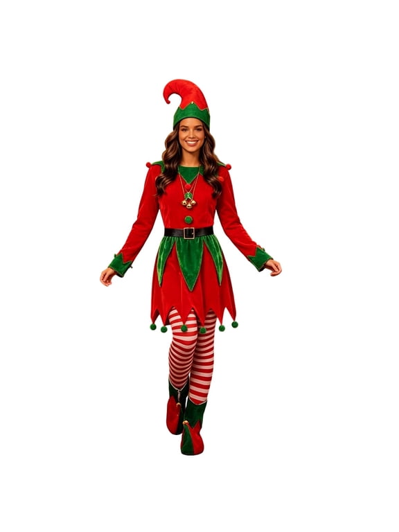 Womens Christmas Elf Costume With Accessories Holiday Party Dress Up Clothes 6 Piece S-XXL