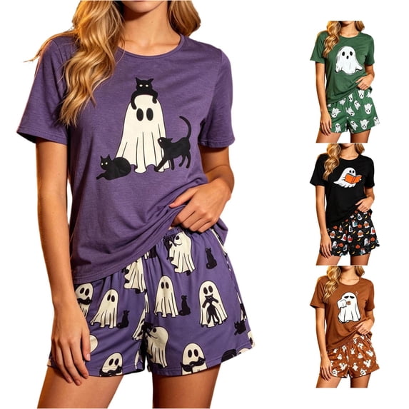 LIIPEE Womens Halloween Ghost Graphic Pajamas Ladies Short Sleeve Tees And Shorts Holiday Pajama Set