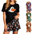 thumbnail image 1 of LIIPEE Womens Halloween Ghost Graphic Pajamas Ladies Short Sleeve Tees And Shorts Holiday Pajama Set, 1 of 6