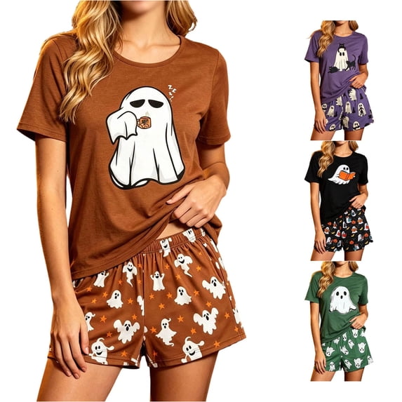 LIIPEE Womens Halloween Ghost Graphic Pajamas Ladies Short Sleeve Tees And Shorts Holiday Pajama Set