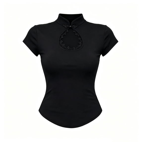 LIIPEE Womens Halloween Gothic Dark Elegant Short Sleeve Keyhole Band Collar Bodycon Blouse,S-L