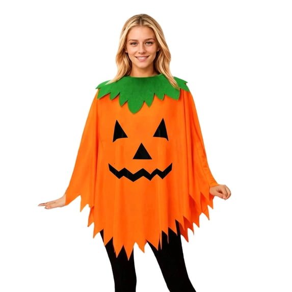 LIIPEE Womens Halloween Graphic Costume Festival Party Crew Neck Flowing Pumpkin Poncho One Size