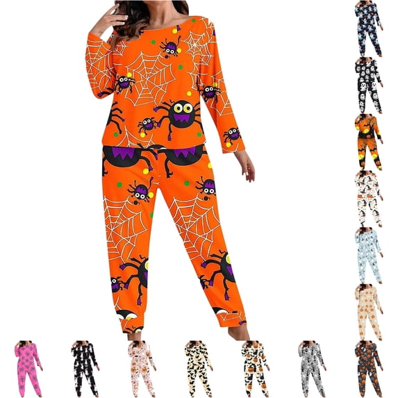 LIIPEE Womens Halloween Graphic Pajamas Ladies Long Sleeve Tees And Pants Holiday Pajama Set Fall Sleepwear