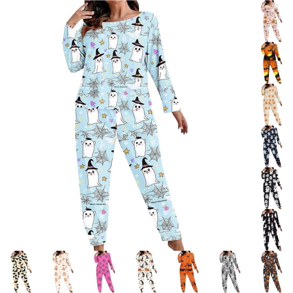 LIIPEE Womens Halloween Graphic Pajamas Ladies Long Sleeve Tees And Pants Holiday Pajama Set Fall Sleepwear