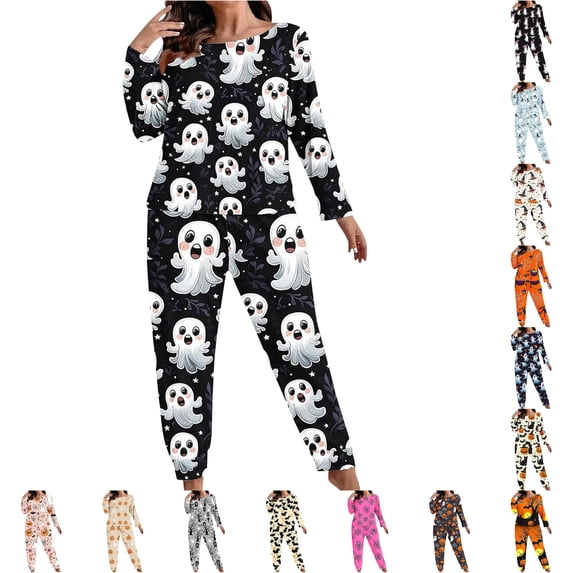 LIIPEE Womens Halloween Graphic Pajamas Ladies Long Sleeve Tees And Pants Holiday Pajama Set Fall Sleepwear