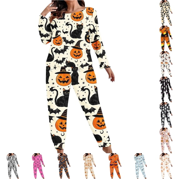 LIIPEE Womens Halloween Graphic Pajamas Ladies Long Sleeve Tees And Pants Holiday Pajama Set Fall Sleepwear