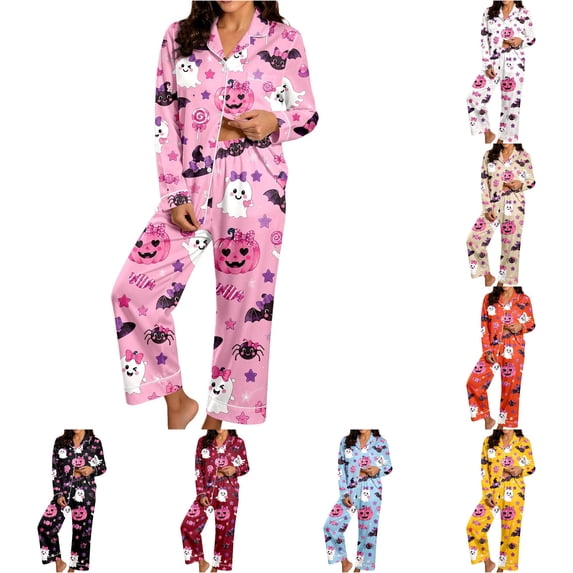 LIIPEE Womens Halloween Graphic Pajamas Long Sleeve Button Down Shirts And Pants Holiday Pajama Set Fall Sleepwear