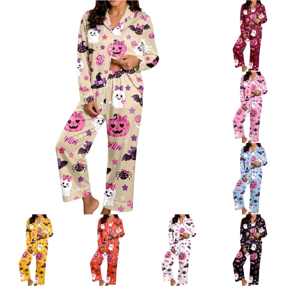 LIIPEE Womens Halloween Graphic Pajamas Long Sleeve Button Down Shirts And Pants Holiday Pajama Set Fall Sleepwear
