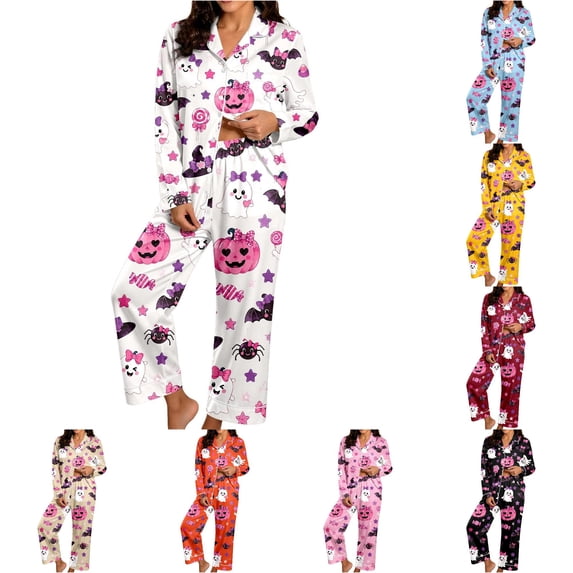LIIPEE Womens Halloween Graphic Pajamas Long Sleeve Button Down Shirts And Pants Holiday Pajama Set Fall Sleepwear
