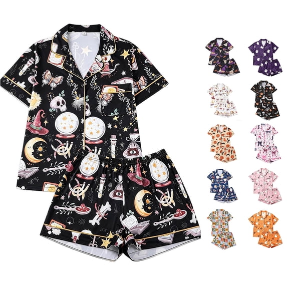 LIIPEE Womens Halloween Graphic Pajamas Short Sleeve Buttons Shirts Shorts Pajama Set Ladies Sleepwear S-XL