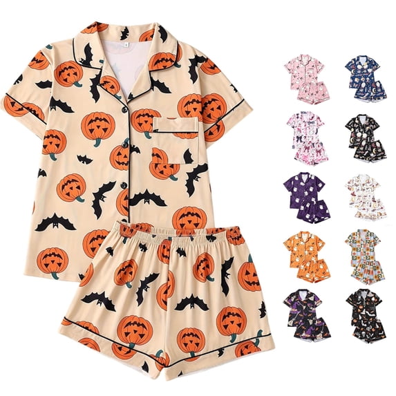 LIIPEE Womens Halloween Graphic Pajamas Short Sleeve Buttons Shirts Shorts Pajama Set Ladies Sleepwear S-XL